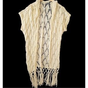 American Eagle Cream Crochet Open Knit Fringe Short Sleeve Cardigan Sweater L/XL